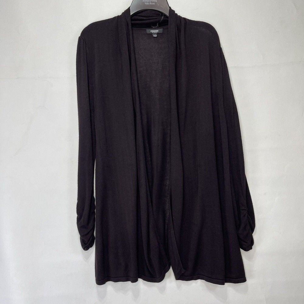 Premise Studio Women Cardigan L Brown Open Ruched Sleeve Cardigan Sweater - Picture 12 of 16